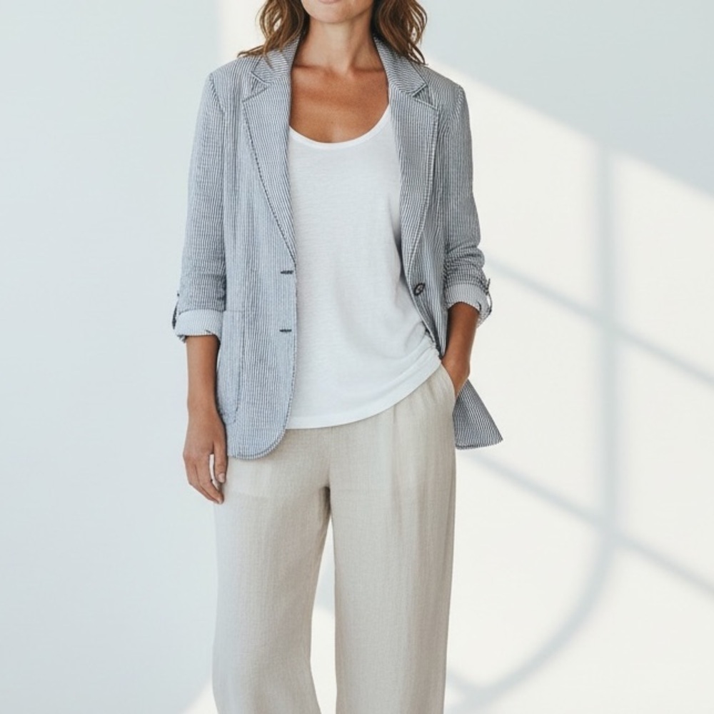 Chico's Seersucker Striped gray white yellow Yachtie Blazer coastal classic